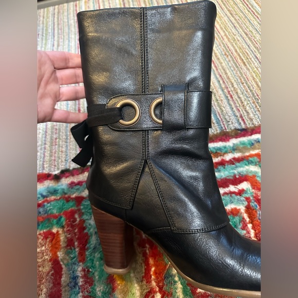 Fluevog VINTAGE LIKE NEW Sopranos Inge black mid-calf ribbon apron boot -9.5/10 - Picture 12 of 16
